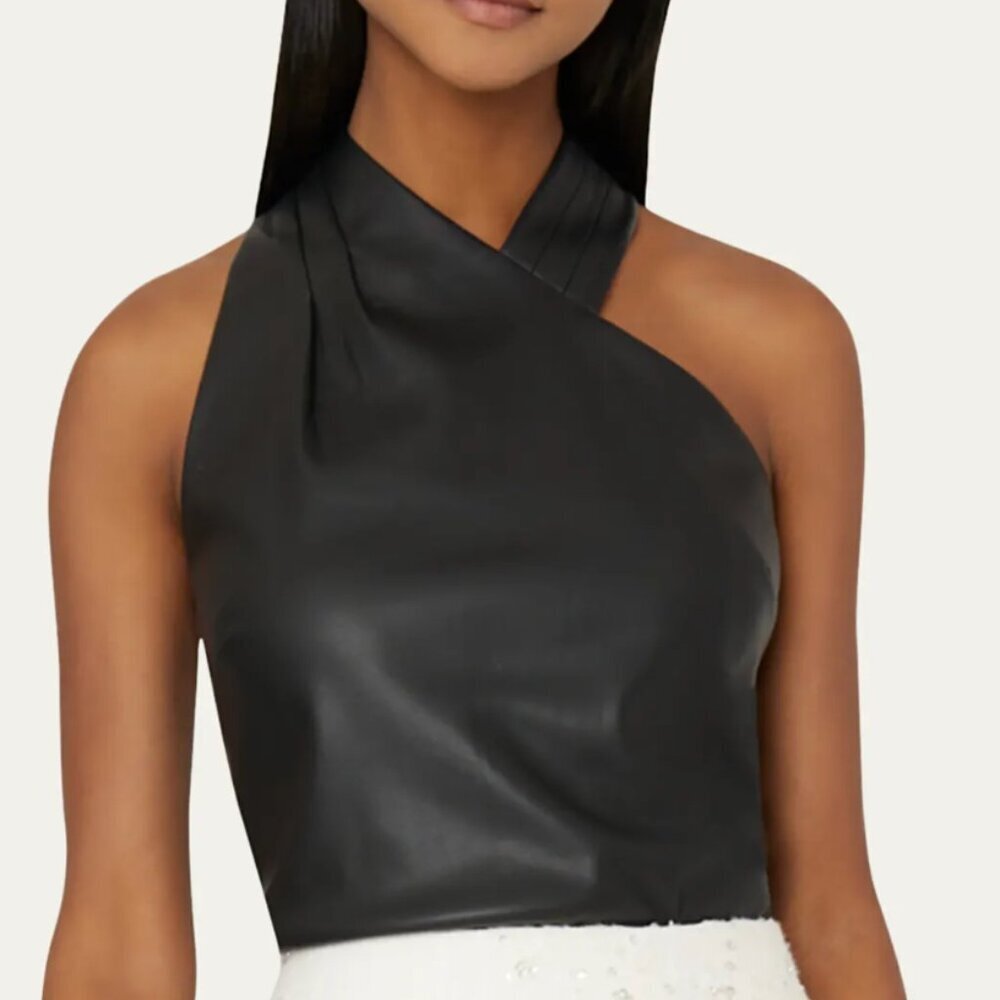 Milly Preston Pleated Vegan Leather Black Halter Top Medium $315